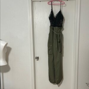 Fashion Nova Black Lace and Olive Green Jumpsuit
